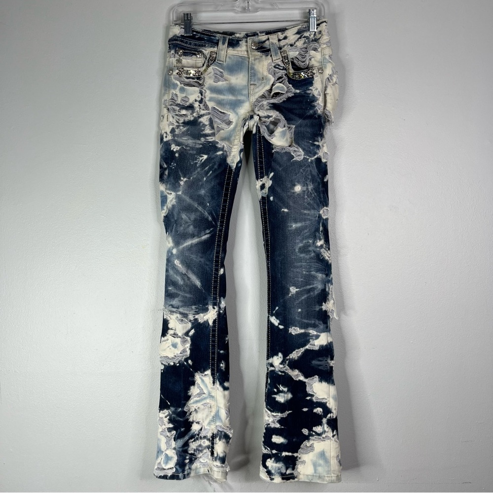 Miss Me Jeans Women’s 25 Blue White Bootcut Bleached Distress Destroyed JP7115B2 - Picture 2 of 16